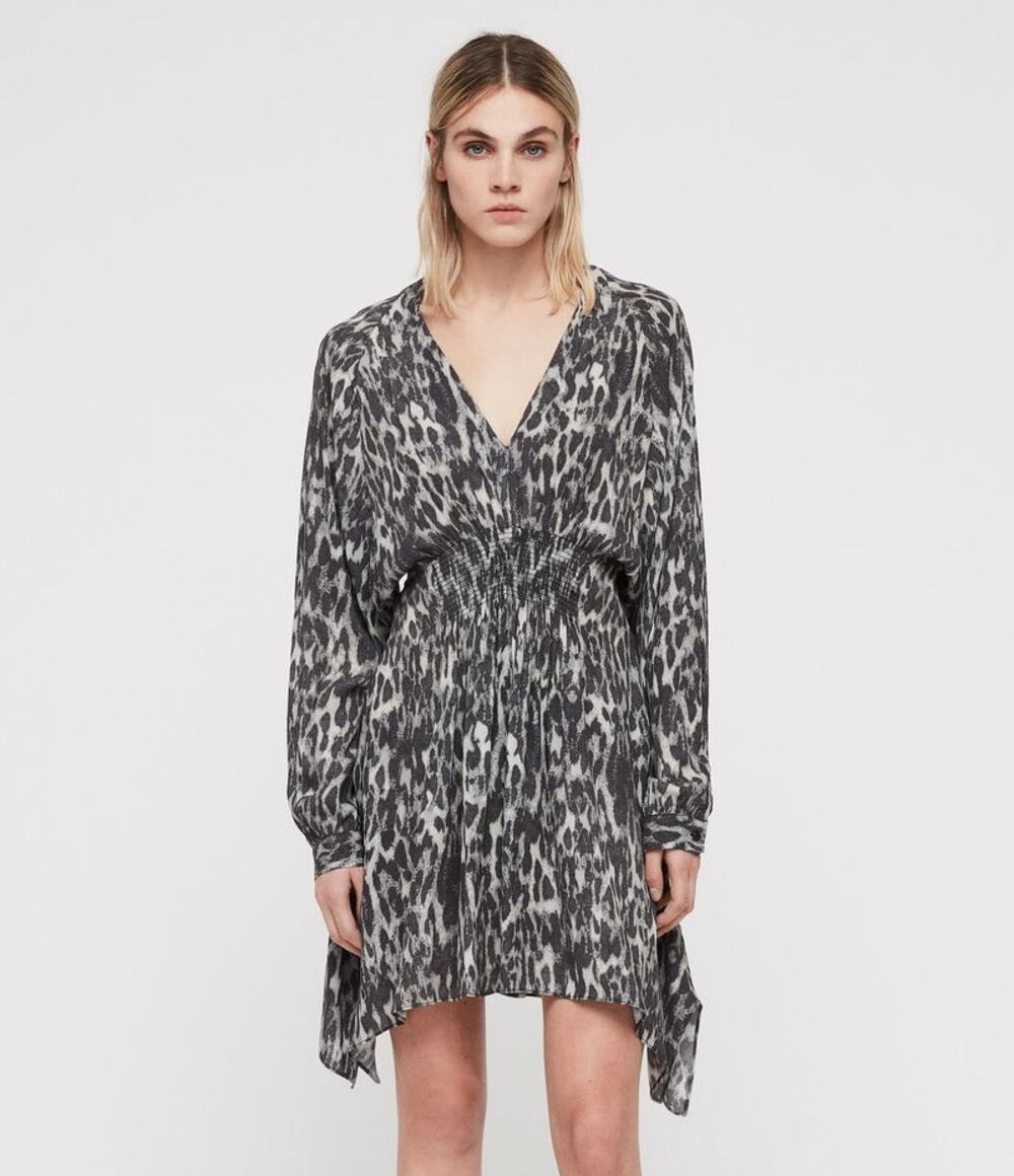 All Saints Nichola Gray Leopard Animal V-Neck Handkerchief Mini Dress Size M
